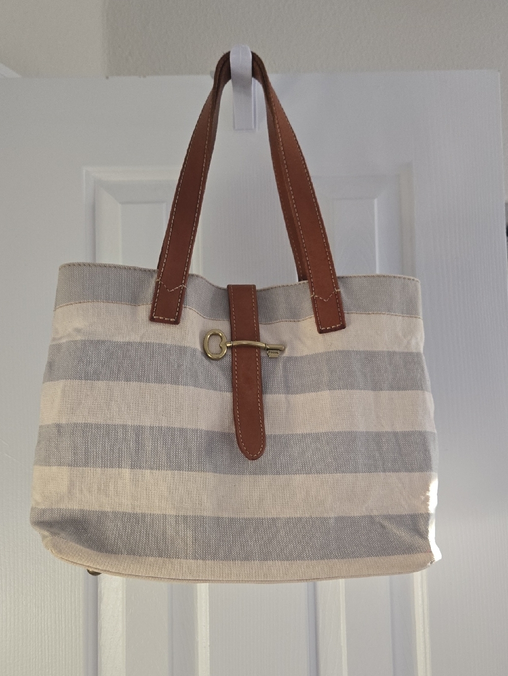 Fossil Cream and Gray Striped Canvas Tote with Brown Leather Trim